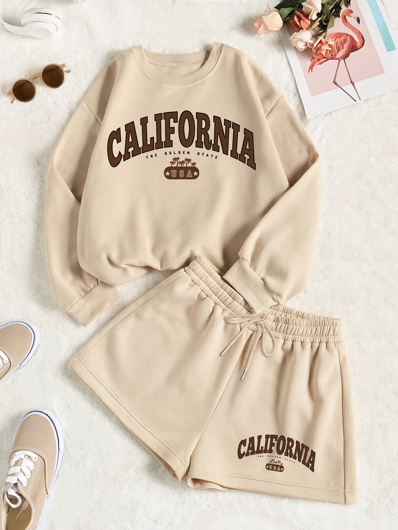 Women's Crew Neck "California" Graphic Sweatshirt and Drawstring Waist Shorts Set, Casual Sporty Loungewear Outfit