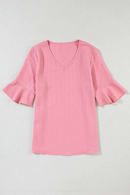 Peach Blossom Ruffled Half Sleeve V Neck Textured Top