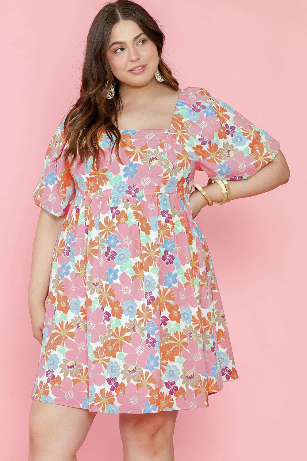 Multicolour Floral Puff Sleeve Square Neck Plus Babydoll Dress