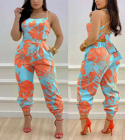 New European and American Open Back Cross Lace Up Bow Print Casual jumpsuit for Women