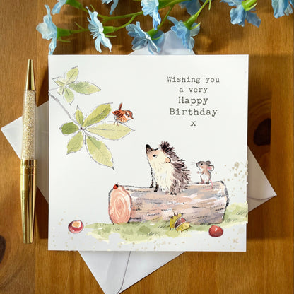 Charming Hedgehog Birthday Card With Envelope - Premium Quality, Featuring Hedgehog, Mouse & Bird Design - Perfect For Anyone