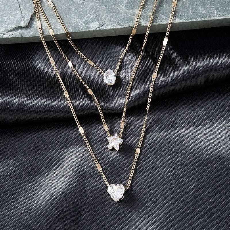 3-Layer rhinestone heart studded with diamonds simple collarbone chain personalized necklace for women and girls