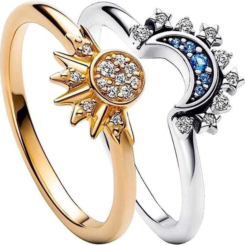 Simple and Shiny Sun Moon Blue Diamond Layered Celestial Couple Ring Set