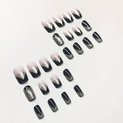 24pcs Short Square Shape Press On Nails, Fake Nail With Golden Glitter Powder Decor, Golden Black Fake Nails, Glossy Acrylic Full Cover Nails For Women And Girls