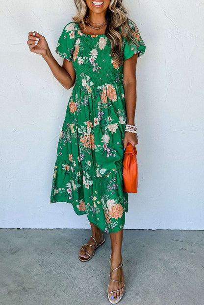 Green Floral Print Bubble Sleeve Smocked Tiered Midi Dress