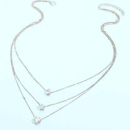 3-Layer rhinestone heart studded with diamonds simple collarbone chain personalized necklace for women and girls