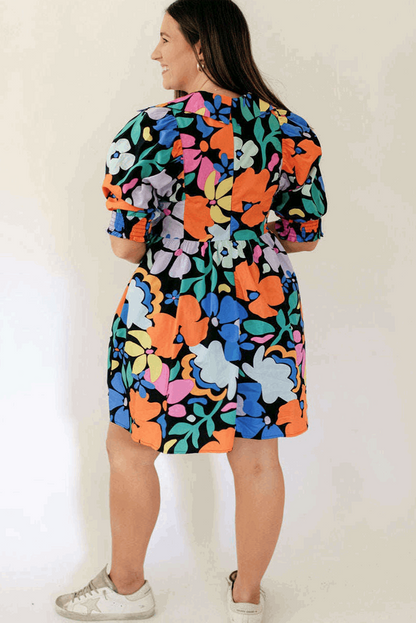 Blue Split Neck Collared Plus Floral Dress