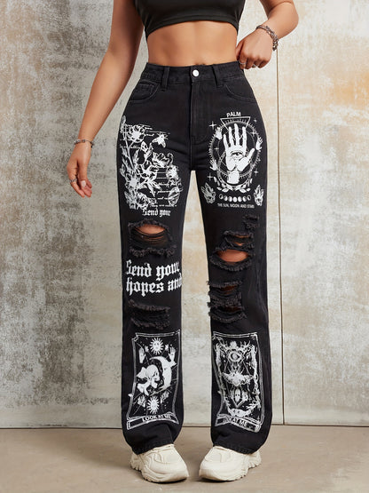 Y2K High Waist Straight Leg Pants with Fun Cartoon Prints