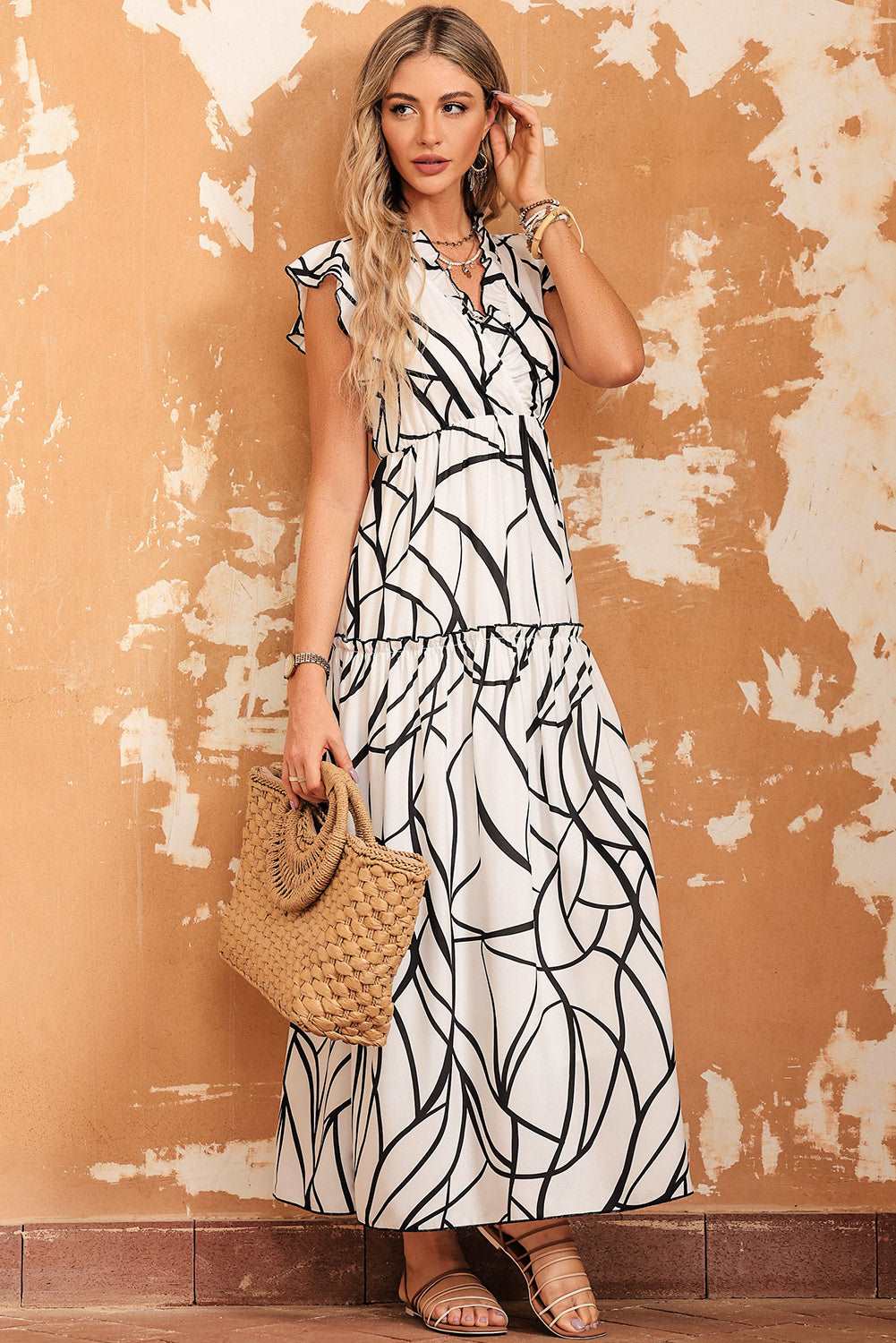 White Abstract Vein Print V Neck Ruffle Maxi Dress