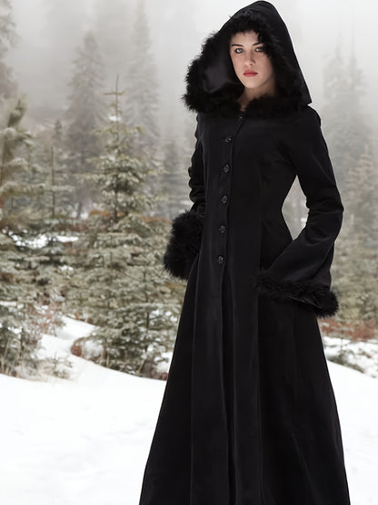 Chic Gothic Lolita Long Hooded Coat with Faux Fur & Corset Detail - Y2K Punk Style