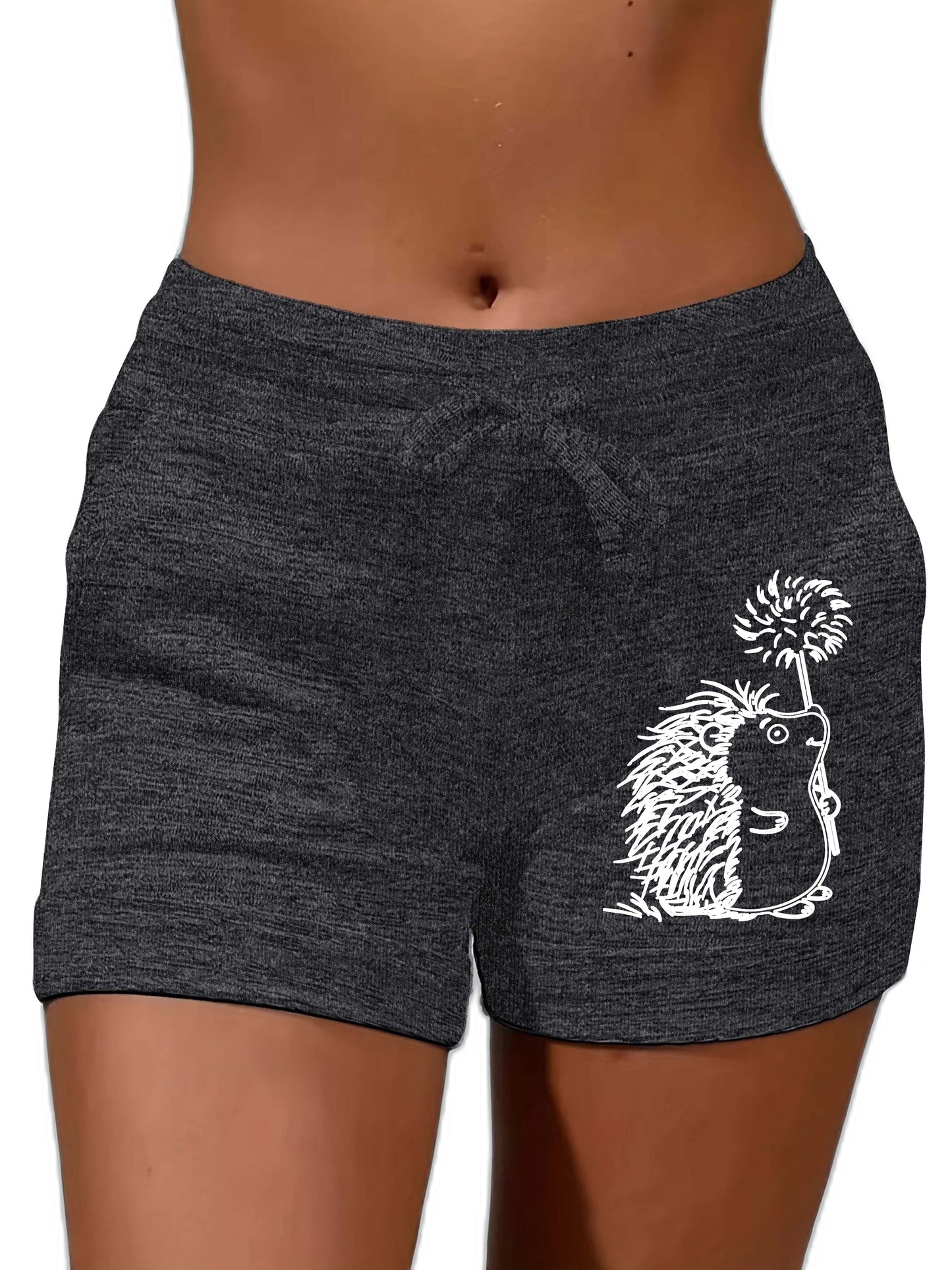 Hedgehog Print Drawstring Shorts, Casual Shorts, Women's Clothing