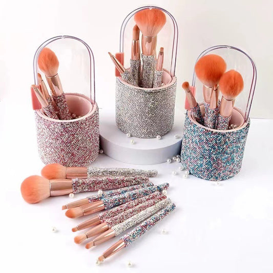 Glamorous Diamond-Embedded Makeup Brush Set - 8 Luxurious Brushes