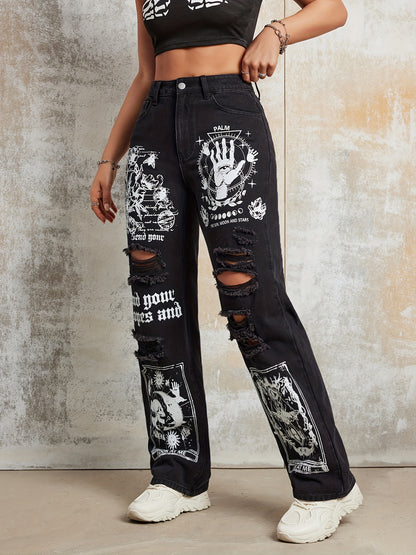 Y2K High Waist Straight Leg Pants with Fun Cartoon Prints