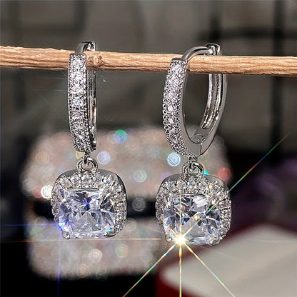 4-claw Square Shiny Zircon Inlaid Dangle Earrings Elegant Simple Temperament Copper Silver Plated Material Exquisite Gift For Women