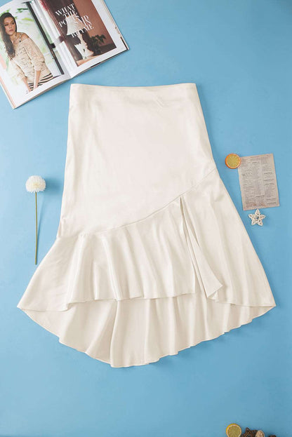 Beige Satin Split Ruffled High Waist Plus Size Skirt