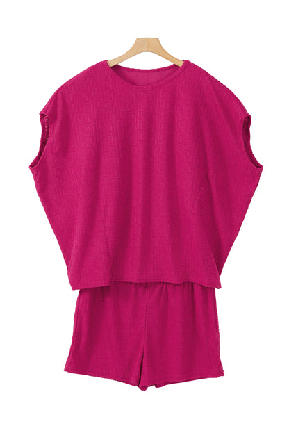 Rose Red Textured Dolman Sleeve Top and Shorts Plus Size Set