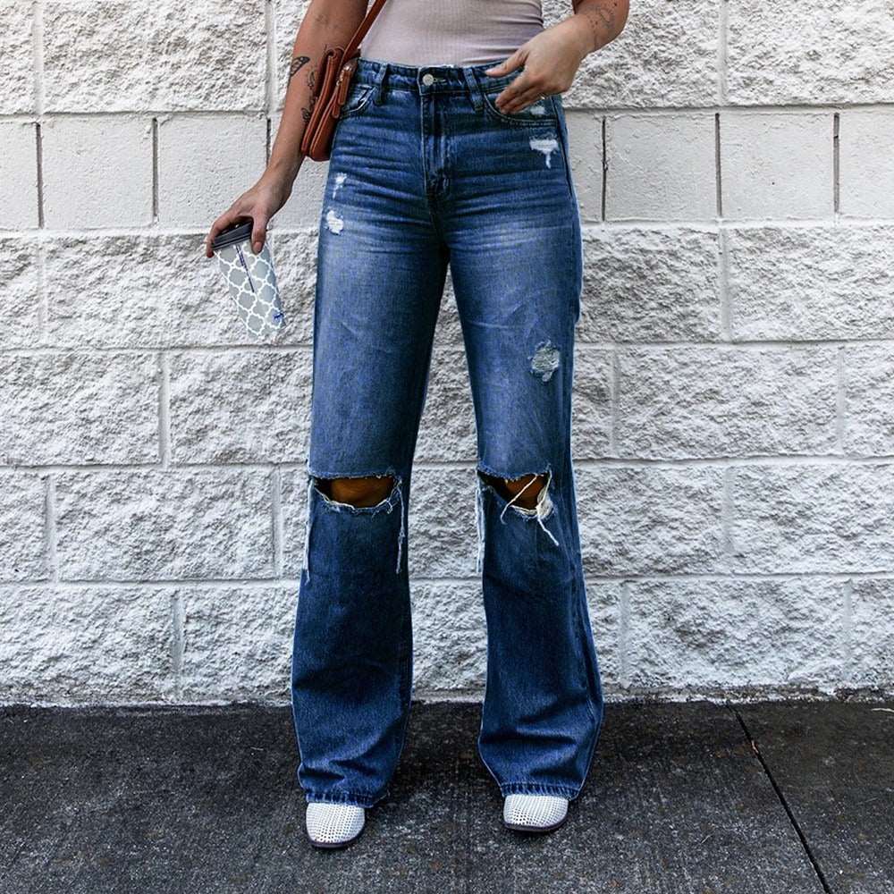 Women's High Waist Vintage Ripped Boot Cut Jeans Street Casual Slim Denim Flared Pants