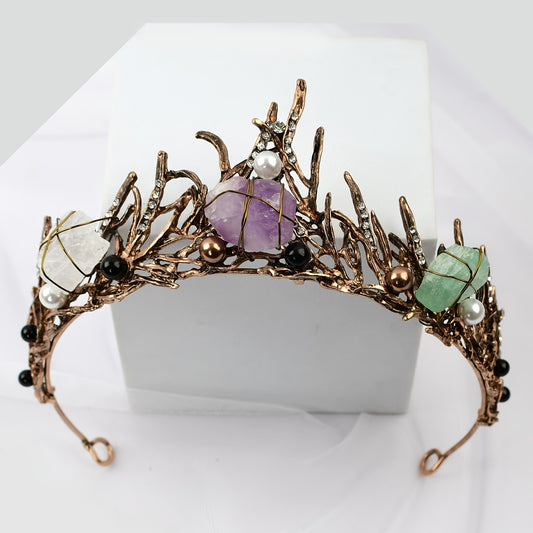 Natural Amethyst White Crystal Fluorite Mermaid Crown Fashion Colorful Crystal Vintage Metal Crown Hair Accessories Female 1pc