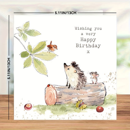 Charming Hedgehog Birthday Card With Envelope - Premium Quality, Featuring Hedgehog, Mouse & Bird Design - Perfect For Anyone