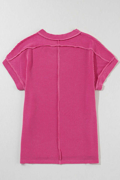 Rose Red Textured Knit Exposed Stitching T-shirt