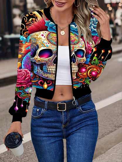 Skull Print Zip-up Crop Jacket, Casual Long Sleeve Jacket For Spring & Fall, Women's Clothing