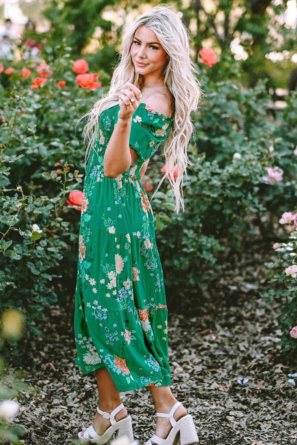 Green Floral Print Bubble Sleeve Smocked Tiered Midi Dress