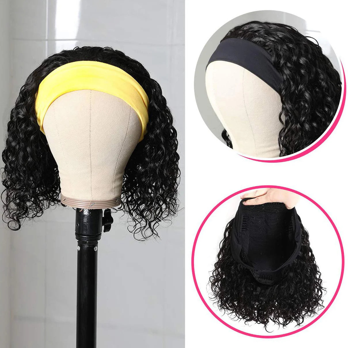 Deep Wave Headband Wig Human Hair Curly Bob Wigs For Women 100% Real Hair Bobo Wigs Full Machine Made Wigs Natural Black Hair