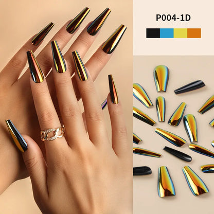 24Pcs/Box Ballerina Press on Nails Tips False Nail Art Full Cover Detachable Artificial Fake Nails Metal Mirror Powder Design