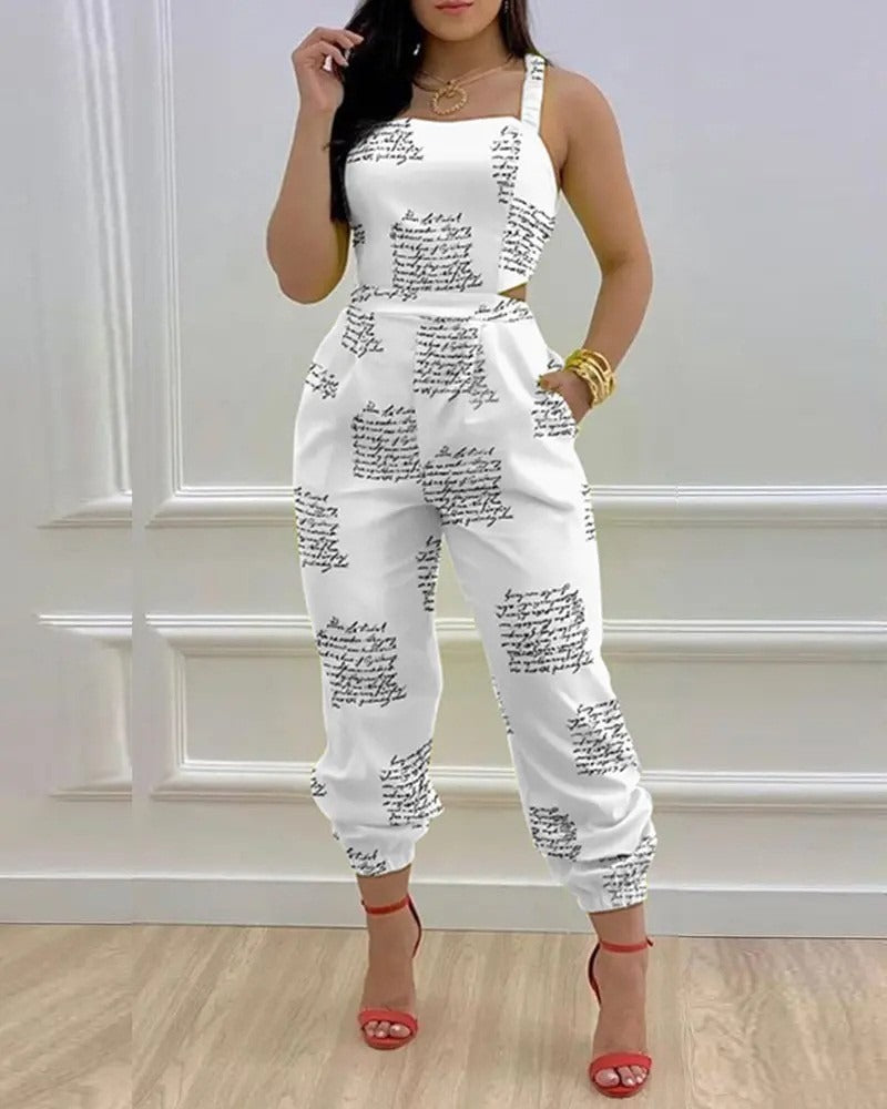 New European and American Open Back Cross Lace Up Bow Print Casual jumpsuit for Women