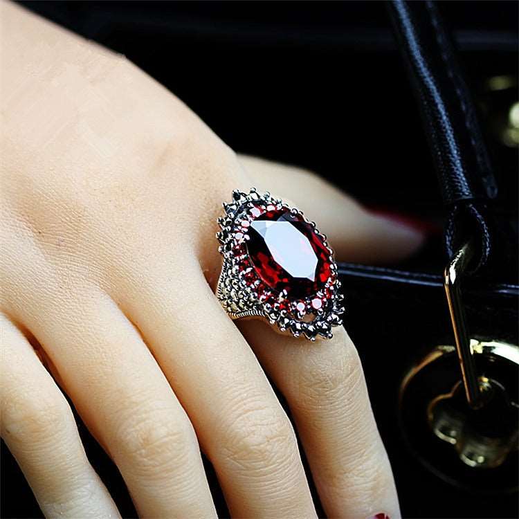 Silver Jewelry Vintage Thai Silver Large Gemstone Ring Ring Red Jewelry Exaggerated Black Mine Finger Ring