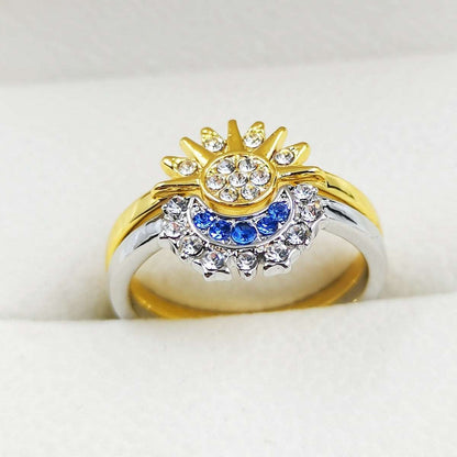 Simple and Shiny Sun Moon Blue Diamond Layered Celestial Couple Ring Set