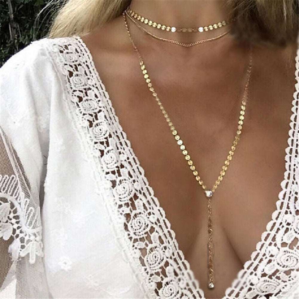 Tassel sequin women's collarbone chain with crystal long chain pendant necklace