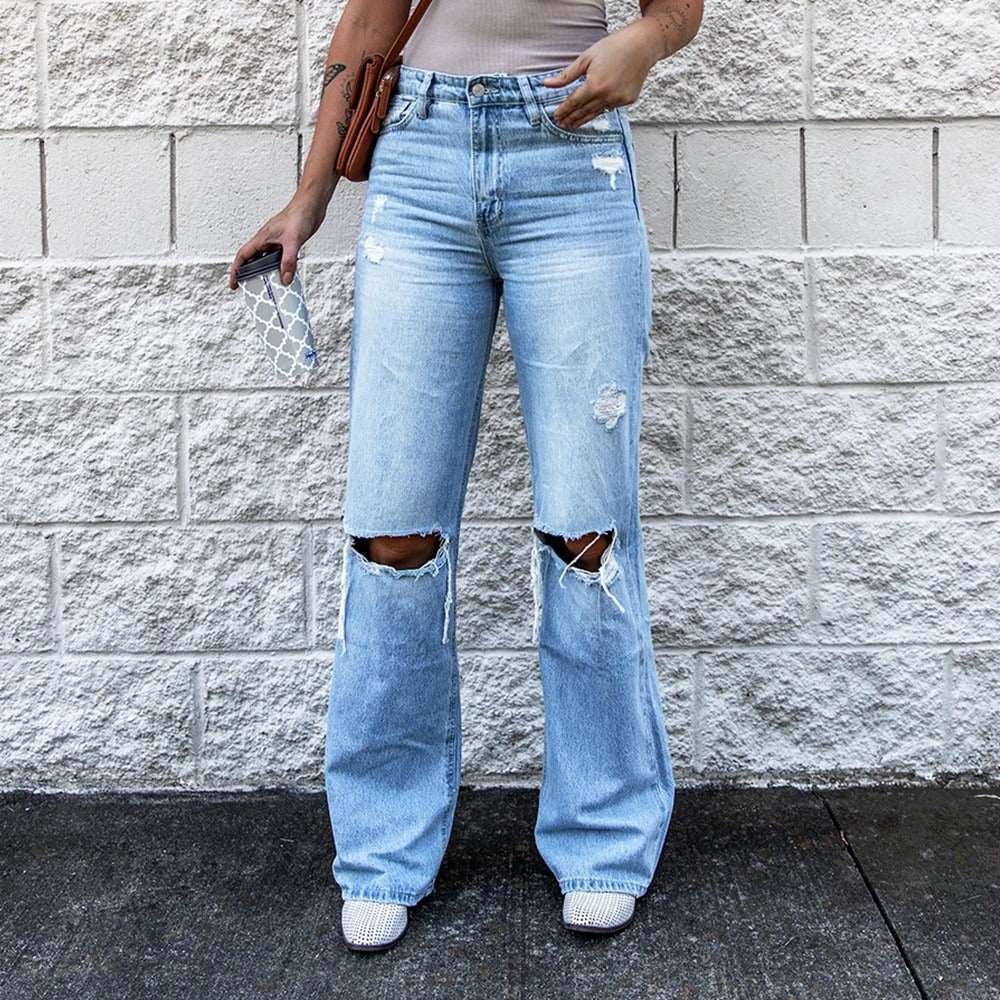 Women's High Waist Vintage Ripped Boot Cut Jeans Street Casual Slim Denim Flared Pants