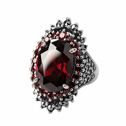 Silver Jewelry Vintage Thai Silver Large Gemstone Ring Ring Red Jewelry Exaggerated Black Mine Finger Ring