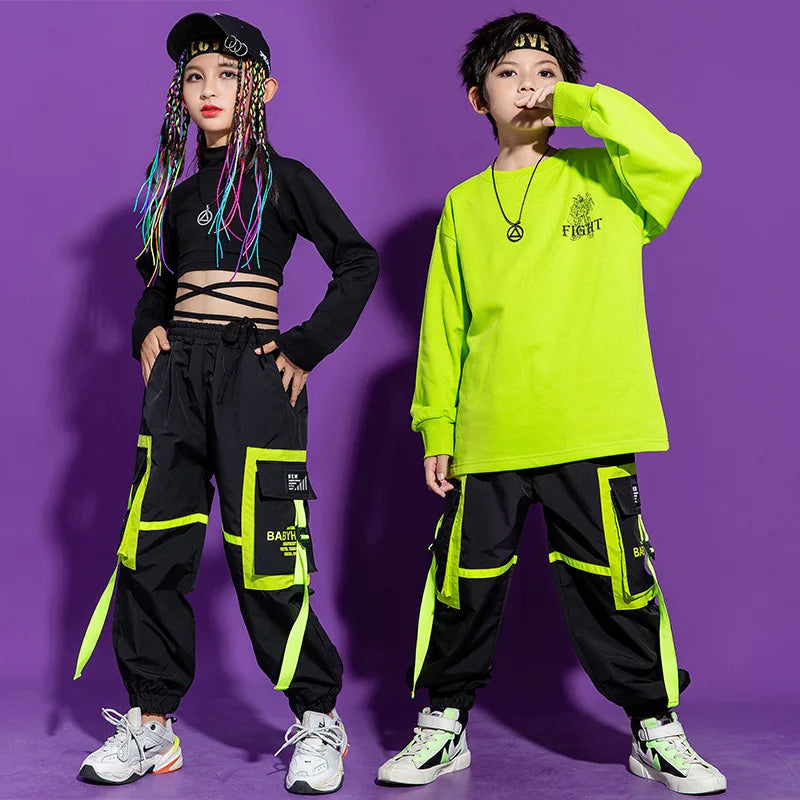 Kpop Hip Hop Sweatshirt & Cargo Pants Set for Kids