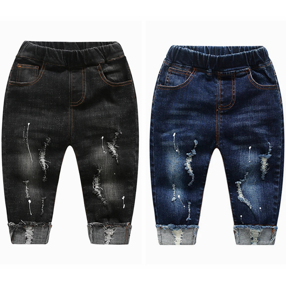 0-5T Baby Jeans Boys Stretchy Denim Trousers Toddler Clothing Girls Pants Little Kids Clothes Blue Black Ripped Holes