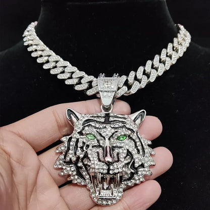 Hip Hop 3D Tiger Pendant Necklace with 13mm Crystal Cuban Chain HipHop Iced Out Bling Necklaces Men Women Fashion Charm Jewelry