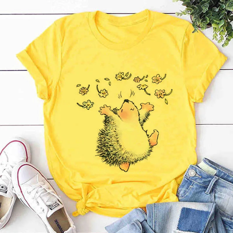 Hedgehog With Dandelion Woman T shirts Loose Spring 2021 New T-shirt Female Summer Tops Shirt Easy Matching Round Neck Tshirts