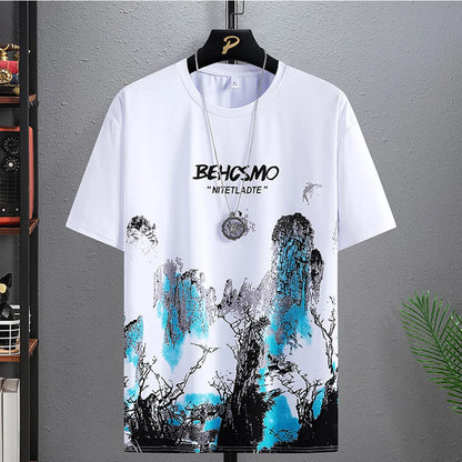 New casual T-shirt classic Chinese landscape painting print pattern round neck fashion hip-hop street lovers short sleeves