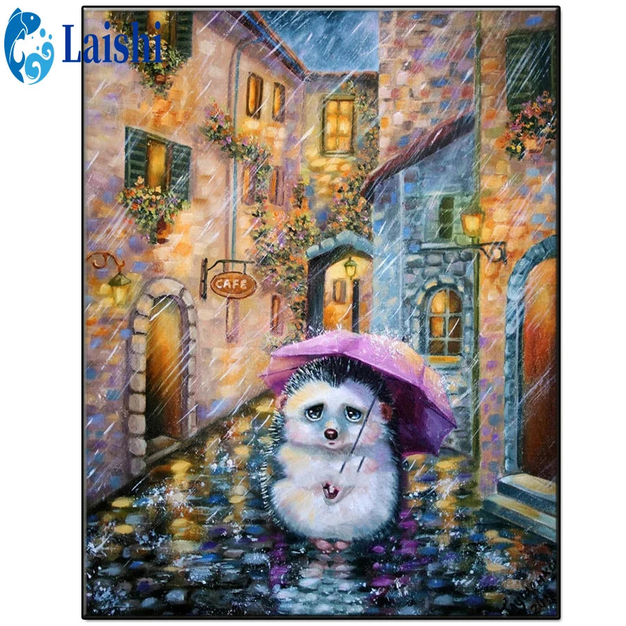 DIY 5D Cartoon, little hedgehog holding an umbrella in the alley Diamond Painting Cross Stitch Kits Picture of Rhinestones Decor