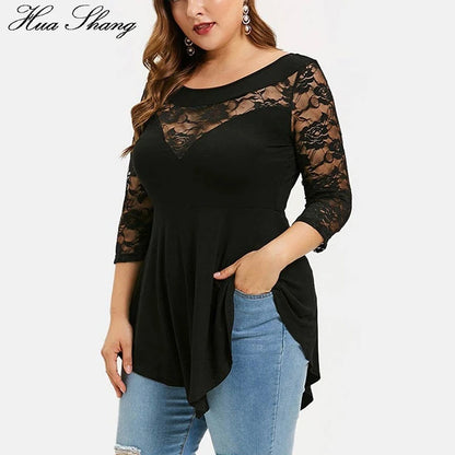 Plus Size 5XL Floral Lace Hollow Out Sexy Tunic Blouse Women Clothing Summer Big Size Tops Ladies Ruffles Irregular Blusas