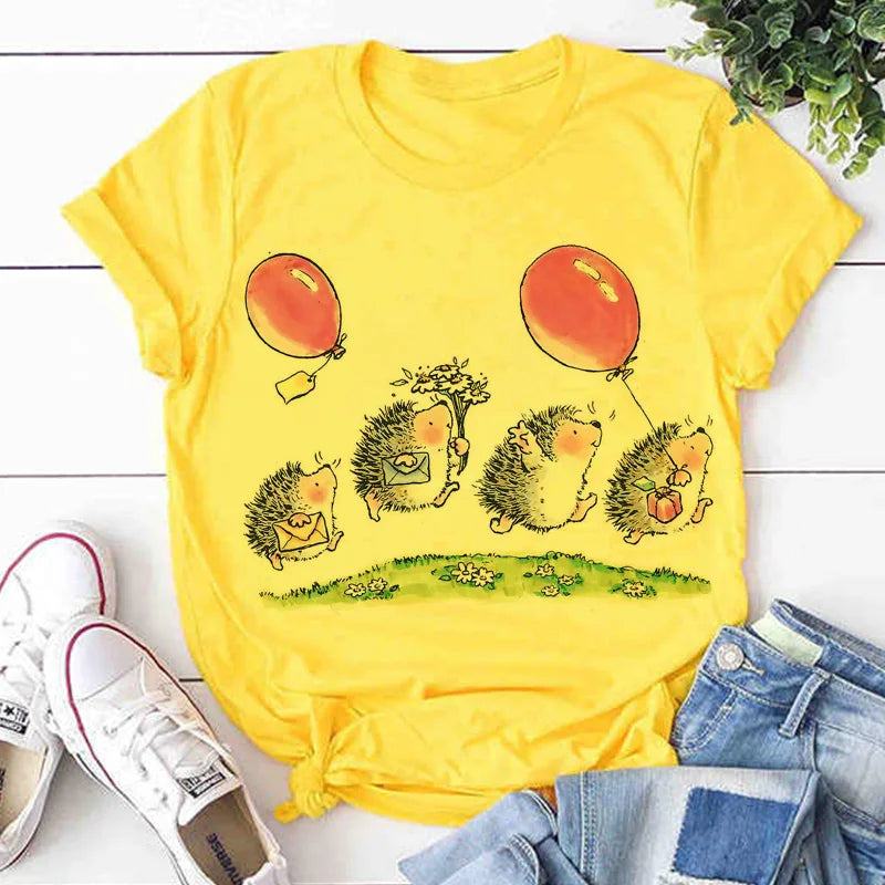 Hedgehog With Dandelion Woman T shirts Loose Spring 2021 New T-shirt Female Summer Tops Shirt Easy Matching Round Neck Tshirts