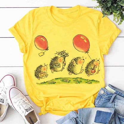 Hedgehog With Dandelion Woman T shirts Loose Spring 2021 New T-shirt Female Summer Tops Shirt Easy Matching Round Neck Tshirts