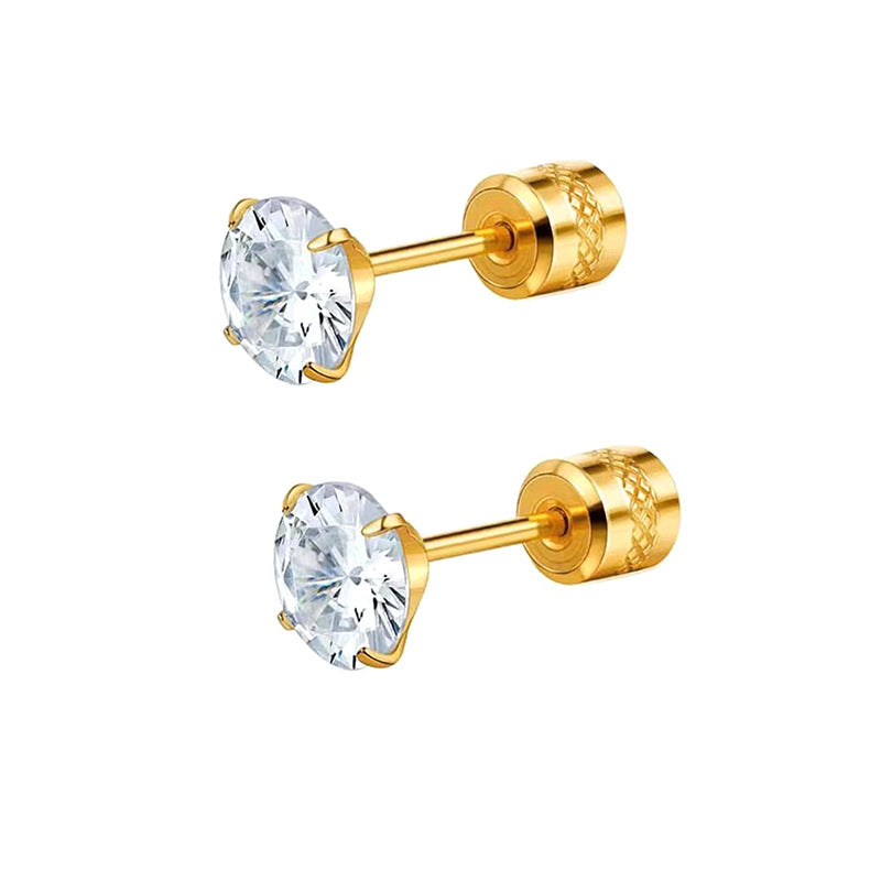 Stainless Steel Four-claw Round Double Zircon Stud Earrings