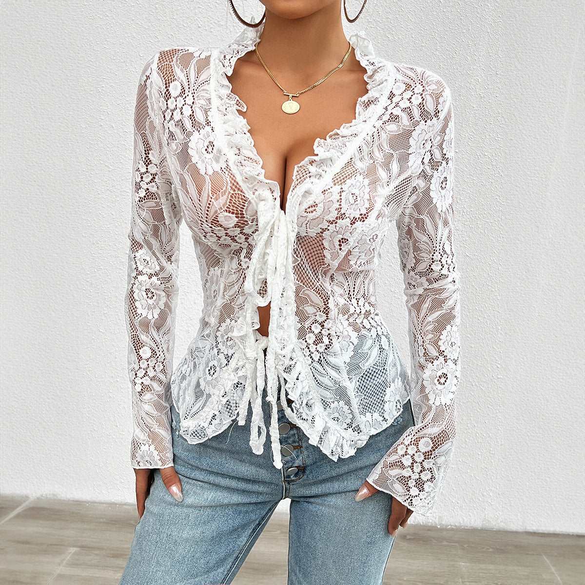 Spring Summer Slim-fit Long Cuff Lace Top