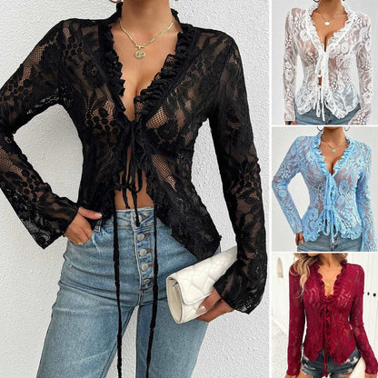 Spring Summer Slim-fit Long Cuff Lace Top