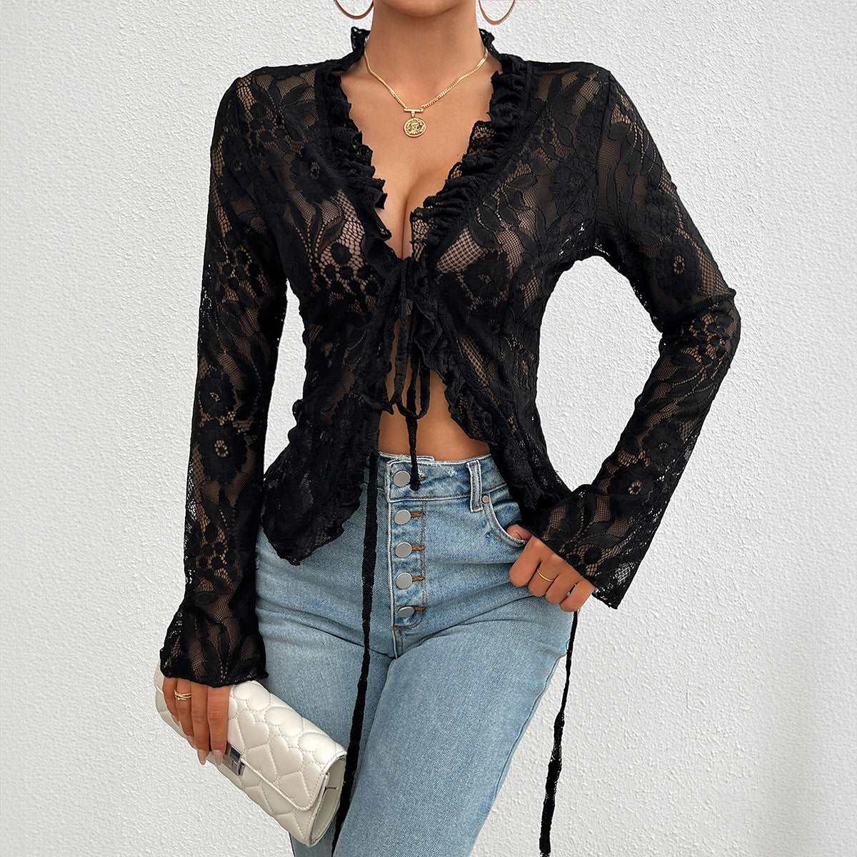 Spring Summer Slim-fit Long Cuff Lace Top