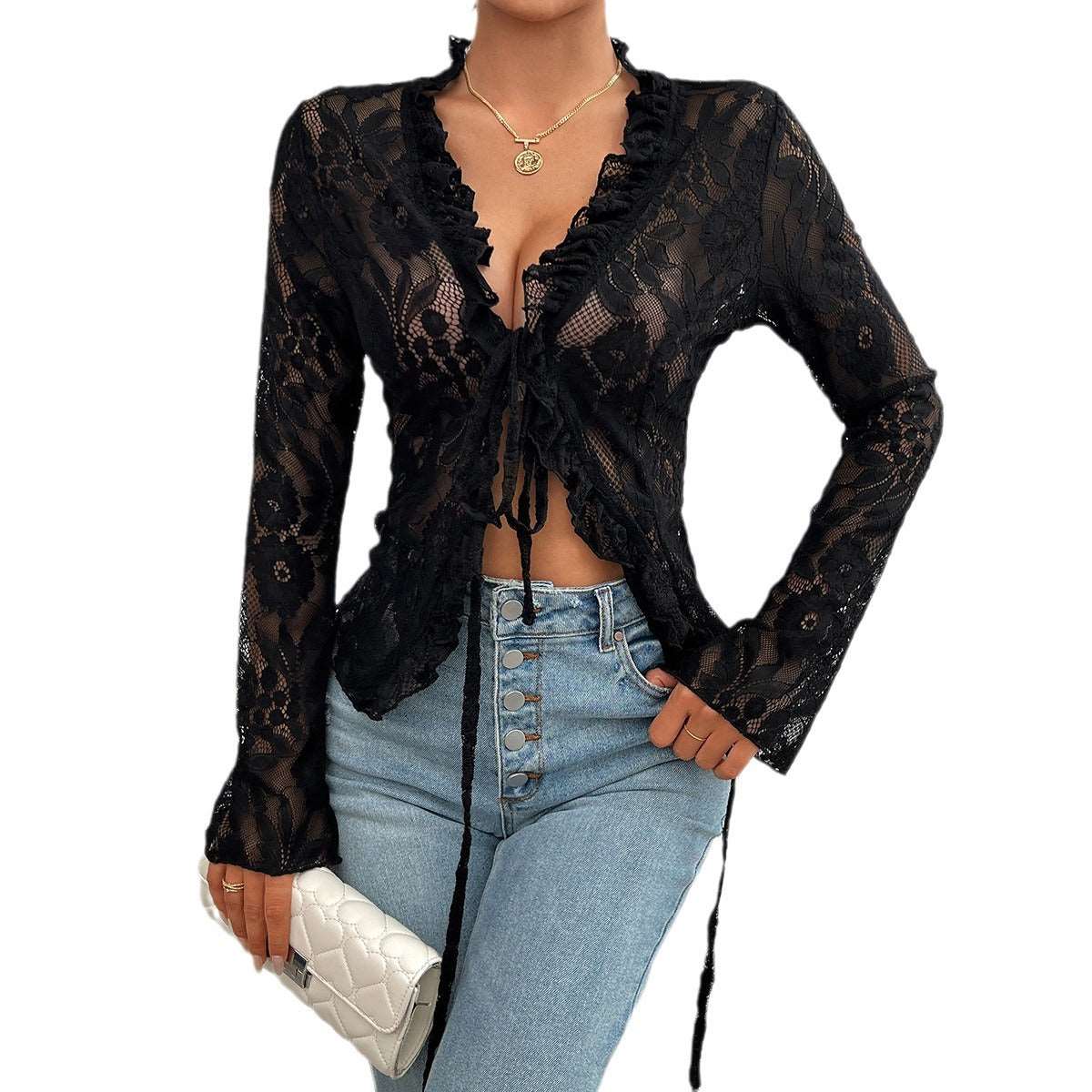 Spring Summer Slim-fit Long Cuff Lace Top