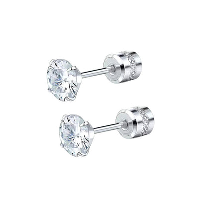 Stainless Steel Four-claw Round Double Zircon Stud Earrings