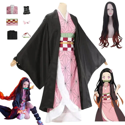 Kamado Nezuko Cosplay Kostuum Anime Kimono Kamado Nezuko Pruik Uniform Halloween Vrouwen Kinderkleding